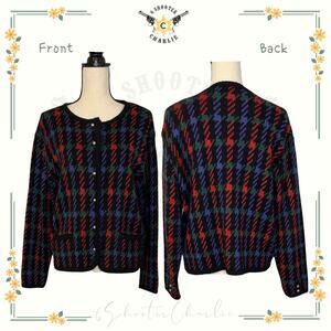 VTG WORTHINGTON Red Black Button Front Plaid Geometric Cardigan Sweater Sz Large
